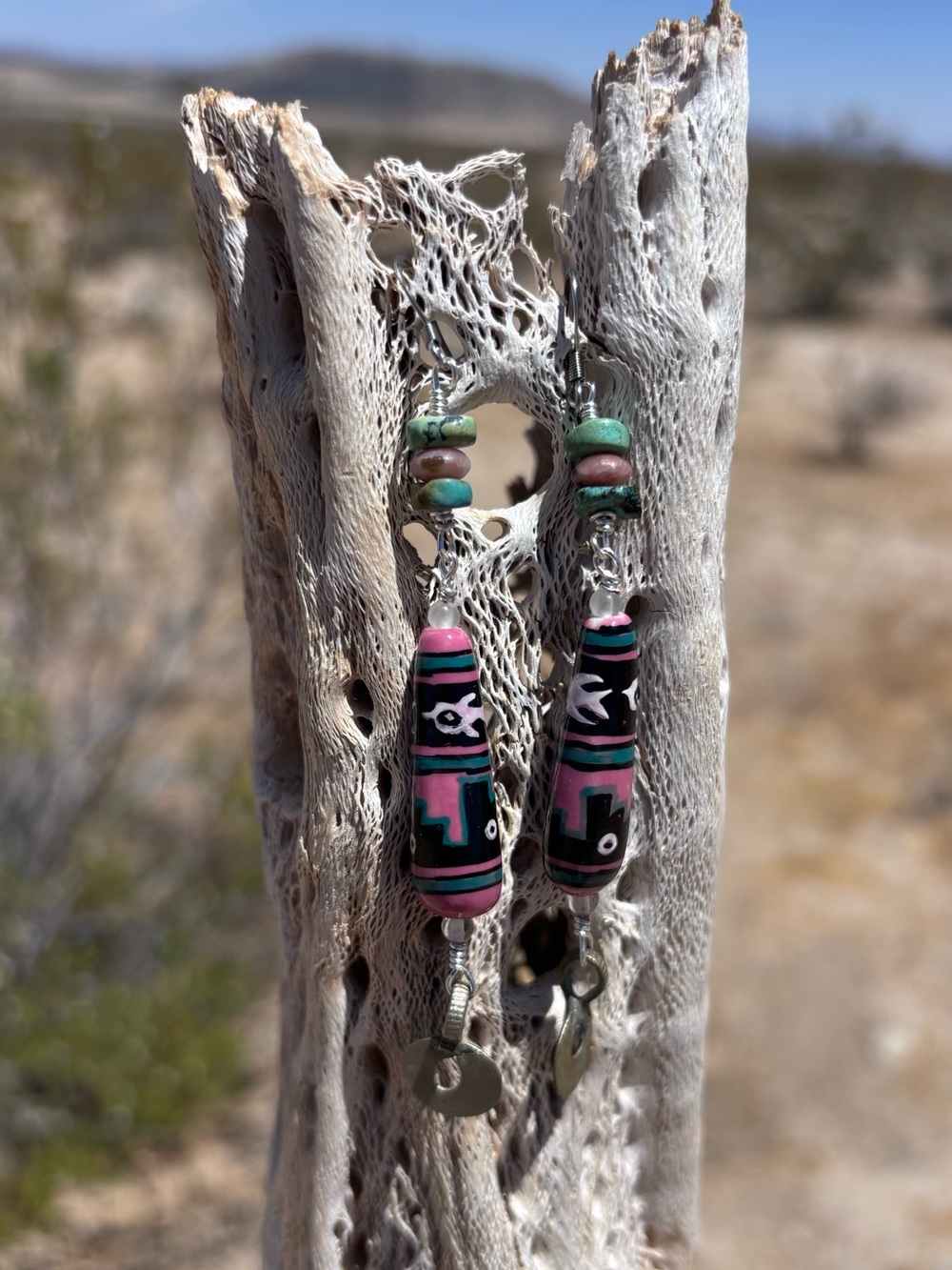 Handmade Vintage SW Ceramic, Genuine Turquoise and Rhodonite Dangle Earrings